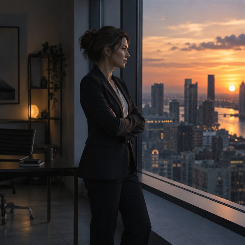 Businesswoman looking over a city skyline at sunset